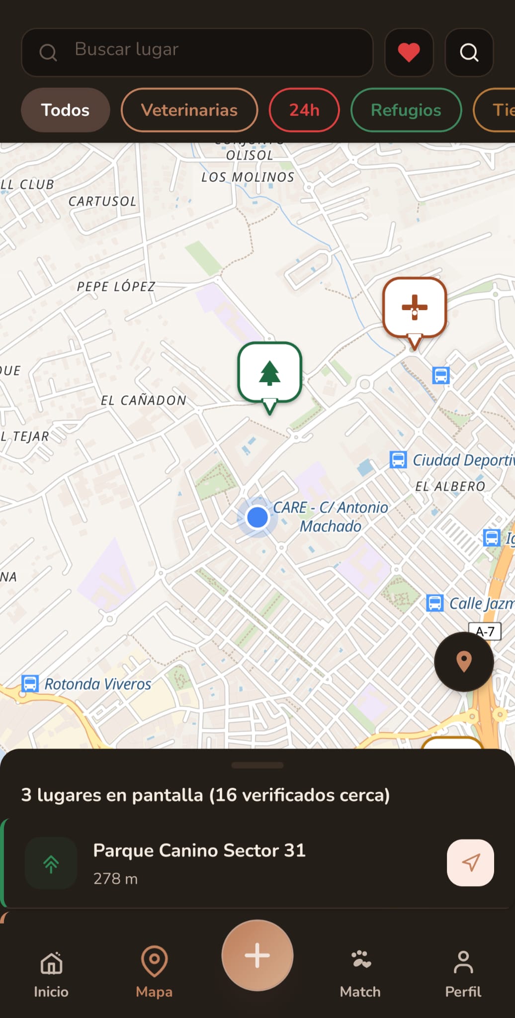 Mapa con veterinarias